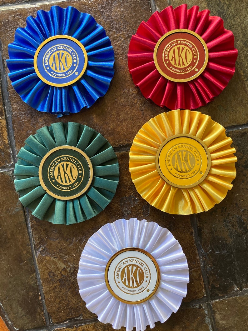 May include: Five rosette ribbons in blue, red, green, yellow, and white. Each ribbon features a gold circle with the text "American Kennel Club" and "AKC" in the centre. The text "Founded 1884" is below the "AKC" text.