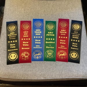 Flat Qualifying & New Title Ribbons - AKC Trick Dog, Virtual Scent Work, Fetch, Agility, Rally, Obedience, Farm Dog, etc!