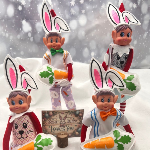 Elf Easter fun!  Cute sets with suspenders and bow tie, or dress with bunny face.