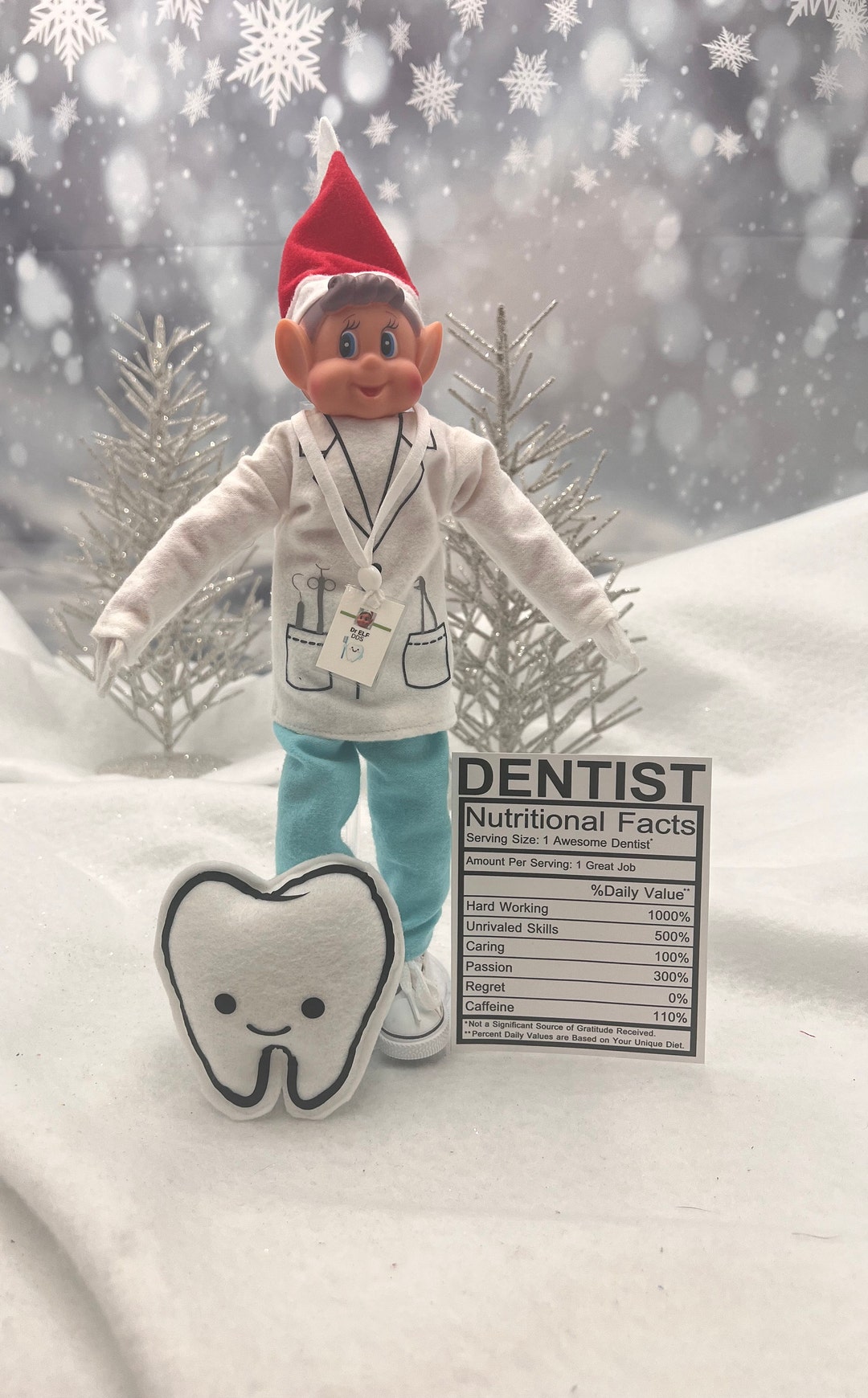 Elf Dentist Set With Coat, Pants, Lanyard, Sign and Stuffed tooth