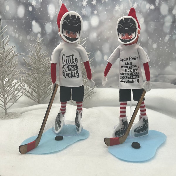 Elf hockey sets- 4 shirts/ sets to choose from!  Elf clothes, hockey stick, puck, faux ice, breezers, shirt and hockey helmet