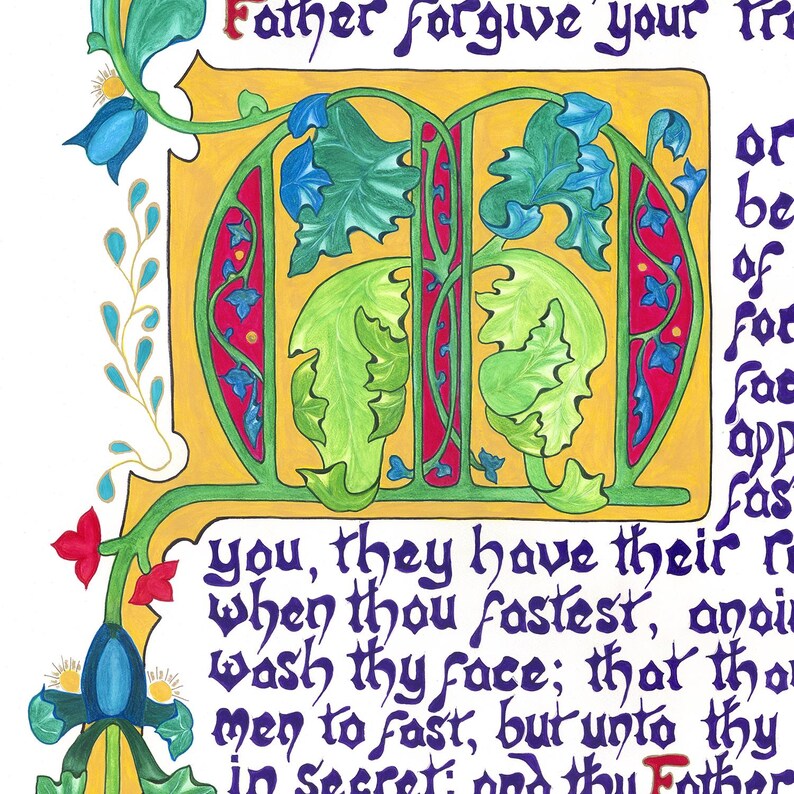 May include: An illuminated manuscript page with ornate calligraphy. The text includes the words "Father forgive your" and other scriptural phrases. The design features a large, stylized letter with green leaves and blue accents, set against a yellow background.