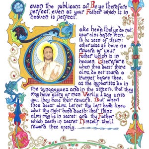 May include: An illuminated manuscript page with ornate floral and foliate borders in blue, red, and gold. The text is in elegant calligraphy, with a central illustration of a figure with a halo. The page features religious text.