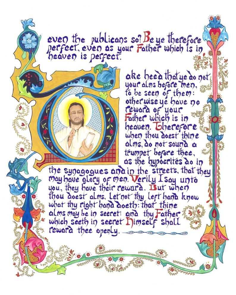 May include: An illuminated manuscript page with ornate floral and foliate borders in blue, red, and gold. The text is in elegant calligraphy, with a central illustration of a figure with a halo. The page features religious text.