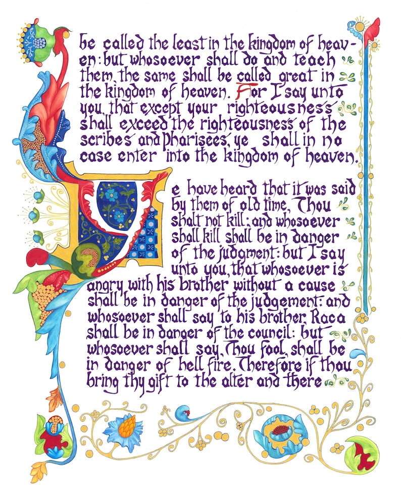 May include: An illuminated manuscript page with ornate floral and foliate borders in blue, red, and yellow. The text is in black script, with a large, decorated initial letter. The page features a passage from the Bible.