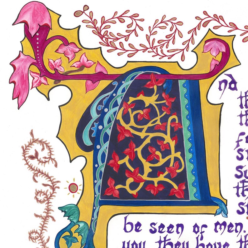 May include: An illuminated manuscript page with a large, ornate letter "A" in blue, red, and gold. The letter is decorated with floral and vine motifs, with text below. The artwork features a vibrant color palette and intricate details, reminiscent of medieval art.
