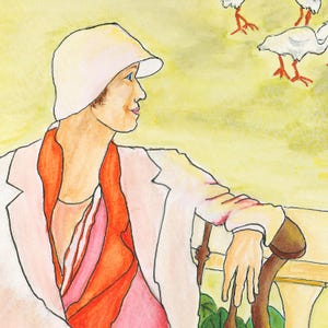 May include: Watercolor illustration of a person wearing a white hat, pink blazer, and orange scarf, leaning on a chair. The background is yellow with white chickens.