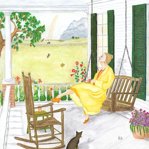 May include: Watercolor painting of a woman in a yellow dress on a porch swing. A black cat sits nearby. A rocking chair and a flower pot are also on the porch. The background shows a field, a rainbow, and a tree.