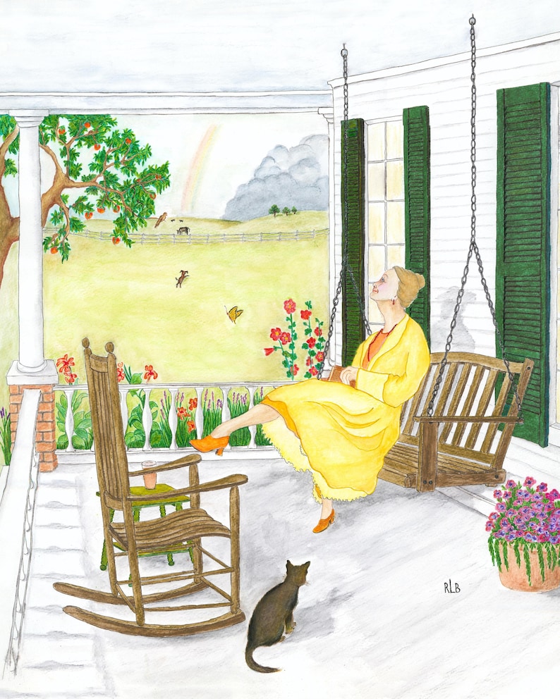 May include: Watercolor painting of a woman in a yellow dress on a porch swing. A black cat sits nearby. A rocking chair and a flower pot are also on the porch. The background shows a field, a rainbow, and a tree.