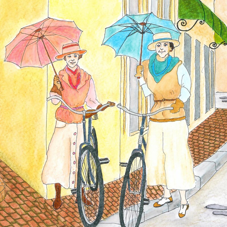 May include: Watercolor illustration of two people with bicycles, each holding an umbrella. One umbrella is pink, the other is blue. The people are wearing hats and vintage clothing, standing on a brick-paved sidewalk.