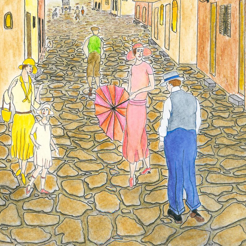 May include: Watercolor painting of a European street scene with figures in vintage clothing. A woman in a pink dress holds a pink and orange umbrella. Other figures wear yellow, white, and blue outfits. The street is paved with cobblestones.
