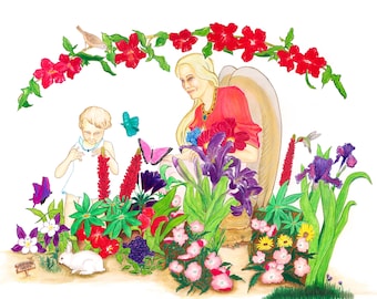 HEATHER'S GARDEN with ANGEL - Watercolor Art Print/Giclée Reproduction - Wall Art