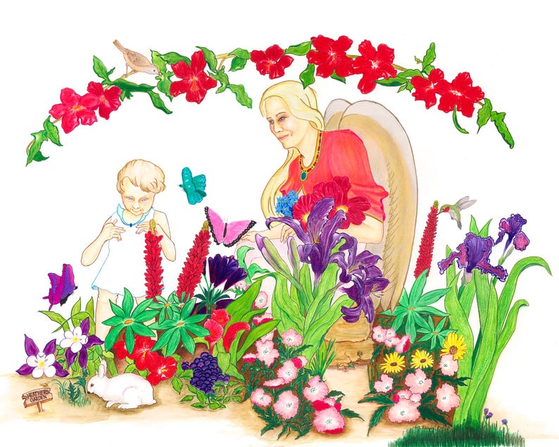 May include: Watercolor illustration of a garden scene with an angel, a child, and various flowers. The angel wears a red top and holds flowers. A child in white interacts with the flowers. Butterflies, a bird, and a rabbit are also present.