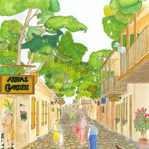 May include: Watercolor painting of a cobblestone street lined with buildings and lush green trees. People in vintage attire stroll along the street. A sign reads "Anna's Garden". A dog is in the foreground.