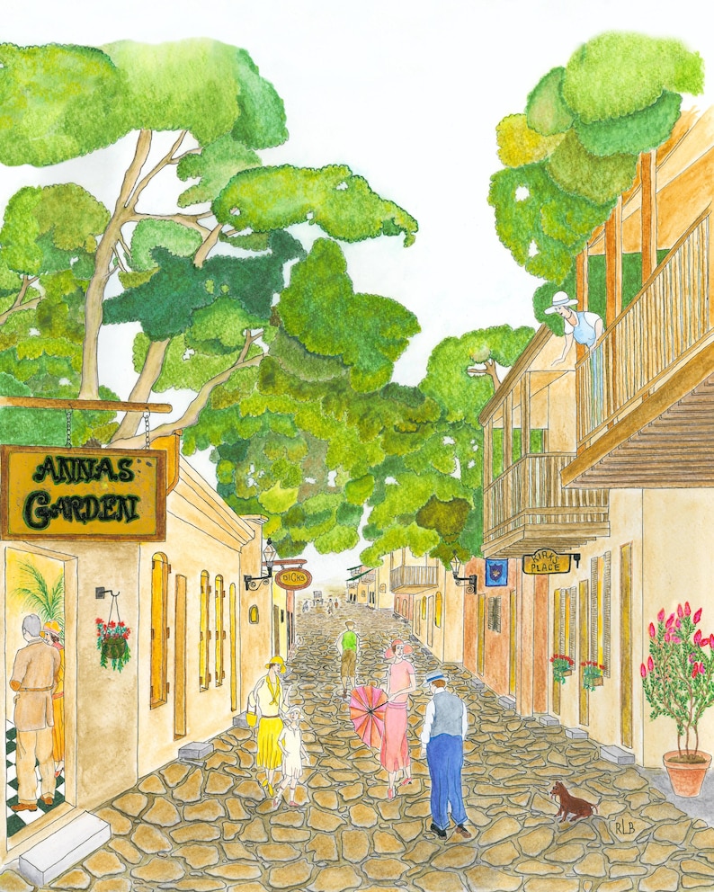 May include: Watercolor painting of a cobblestone street lined with buildings and lush green trees. People in vintage attire stroll along the street. A sign reads "Anna's Garden". A dog is in the foreground.