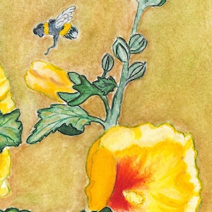 May include: A watercolour painting featuring a bumblebee with black and yellow stripes flying near a tall green stalk with several green buds and large, vibrant yellow flowers that have reddish-orange centres against a textured golden background.