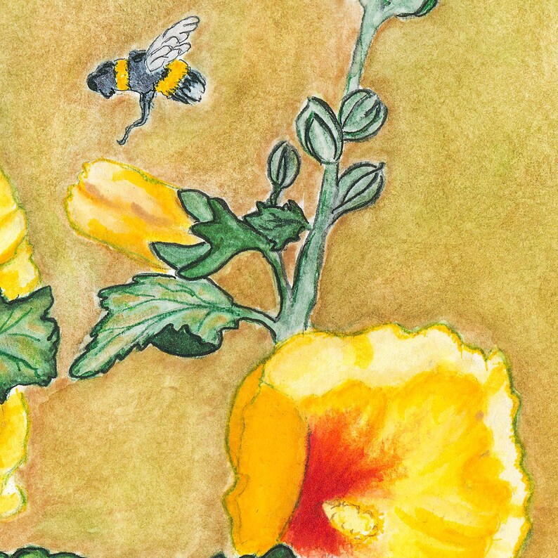 May include: A watercolour painting featuring a bumblebee with black and yellow stripes flying near a tall green stalk with several green buds and large, vibrant yellow flowers that have reddish-orange centres against a textured golden background.