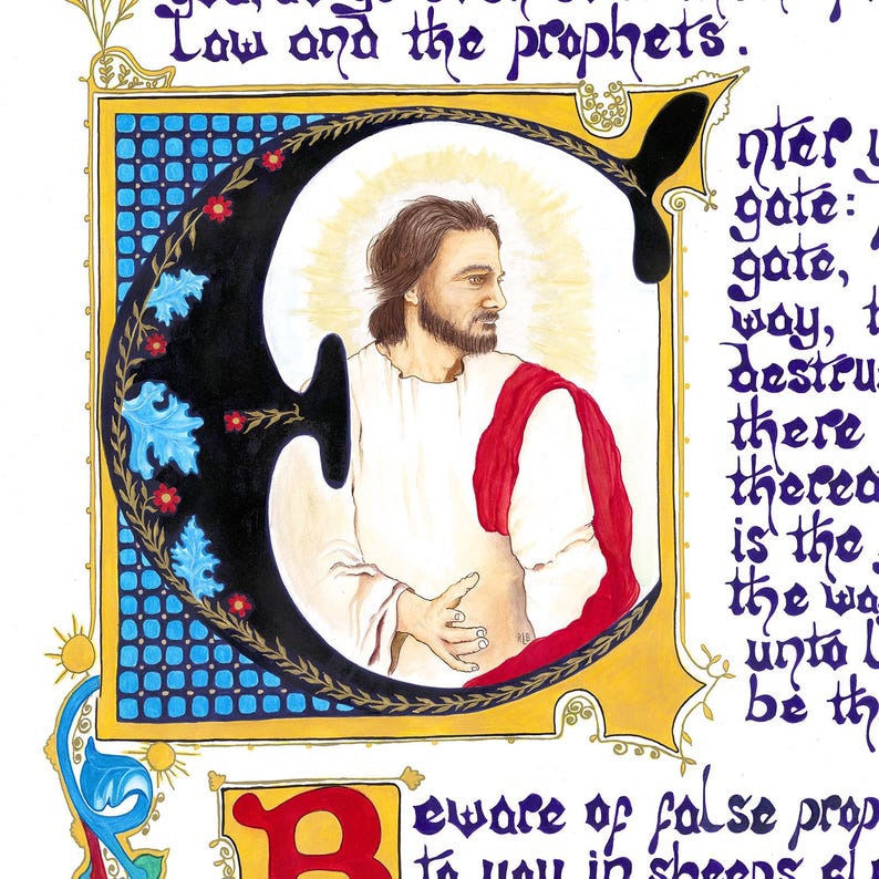 May include: An illuminated manuscript page featuring elaborate calligraphy and a portrait of a man in white robes and a red shawl. The large letter "C" is decorated with blue and red floral accents. Text includes "Law and the prophets."