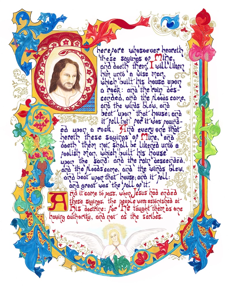 May include: An illuminated manuscript page with ornate borders in blue, red, and gold. The central text is in calligraphy, with a portrait of a man and an angel illustration. The text is a religious passage.