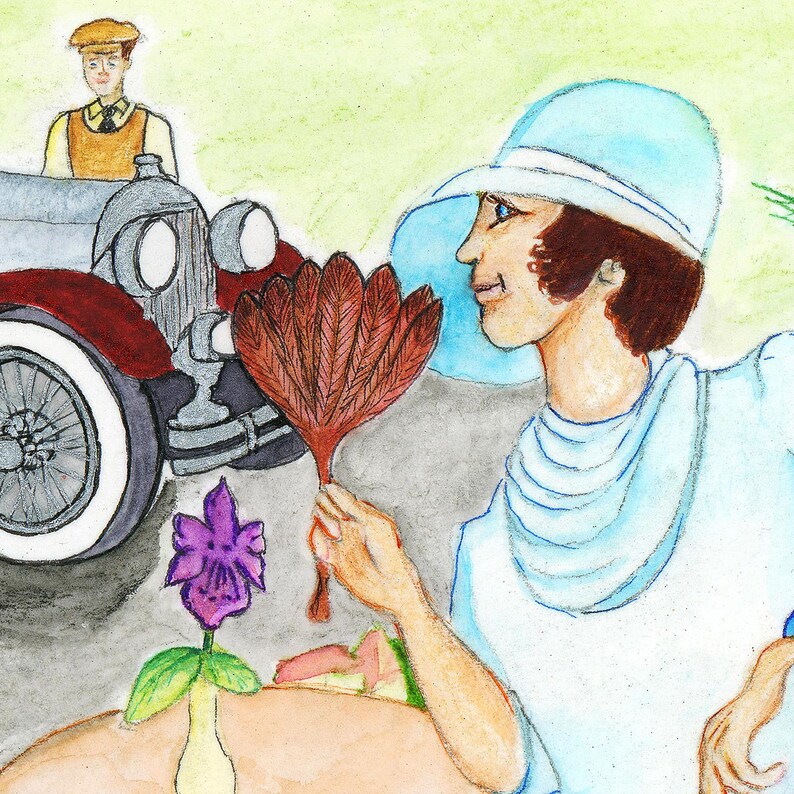 K&ouml;nnte beinhalten: Aquarellmalerei einer Frau in einem hellblauen Hut und Kleid, die einen braunen Federf&auml;cher h&auml;lt. Ein Oldtimer und ein Mann mit M&uuml;tze sind im Hintergrund. Eine lila Blume ist im Vordergrund.