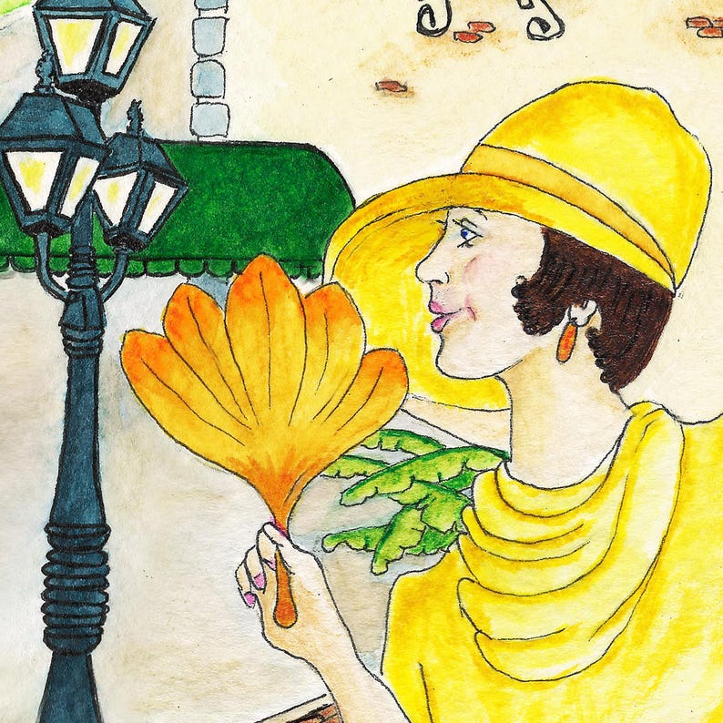 May include: Watercolor illustration of a woman in a yellow hat and dress, holding a large, orange, fan-shaped object. A black lamppost and green foliage are in the background. The woman has brown hair and orange earrings.