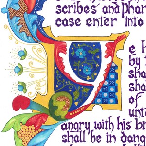 May include: An illuminated manuscript page with ornate calligraphy. The letter "E" is elaborately decorated with red, blue, and gold accents, and a central shield design with blue flowers. Text in purple ink reads "scribes and phar" and "angry with his brother".