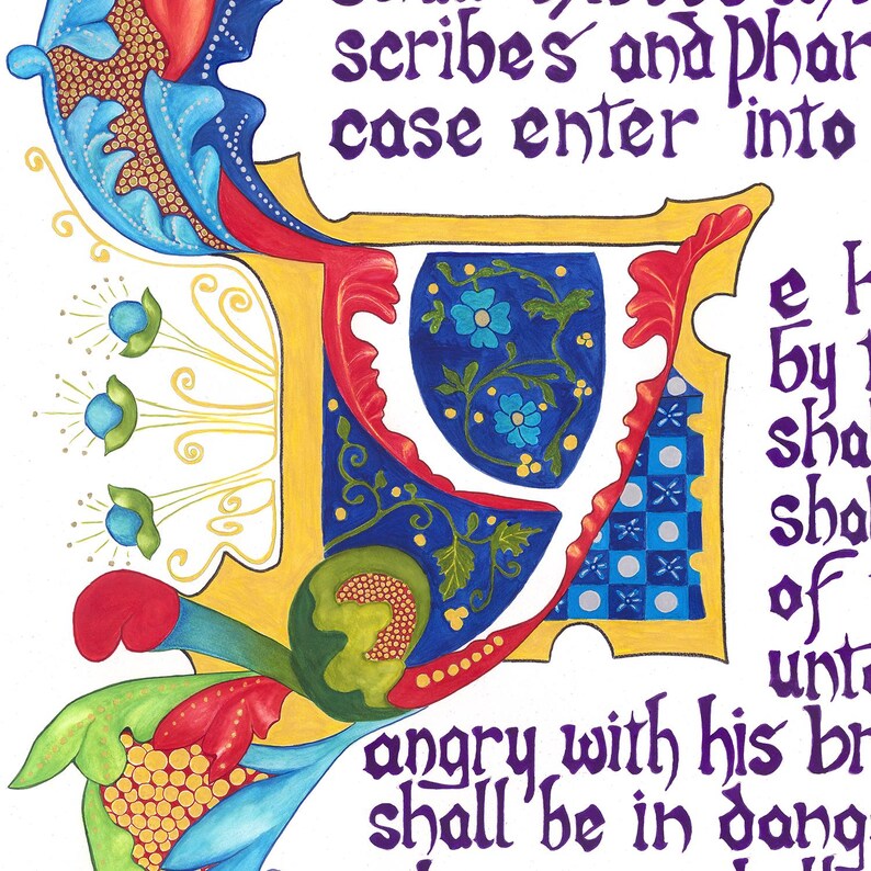 May include: An illuminated manuscript page with ornate calligraphy. The letter "E" is elaborately decorated with red, blue, and gold accents, and a central shield design with blue flowers. Text in purple ink reads "scribes and phar" and "angry with his brother".