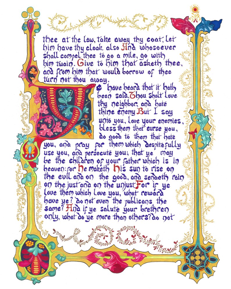 May include: Illuminated manuscript page with ornate borders in gold, blue, red, and green. The text is in a calligraphic script, with a large, decorated initial letter. The page features floral and geometric designs.