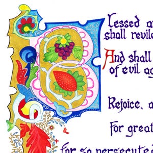May include: A colorful illuminated letter "B" with a gold background, adorned with grapes and a strawberry. The letter is surrounded by floral and scroll designs in red, blue, and green. Text in calligraphy is visible.