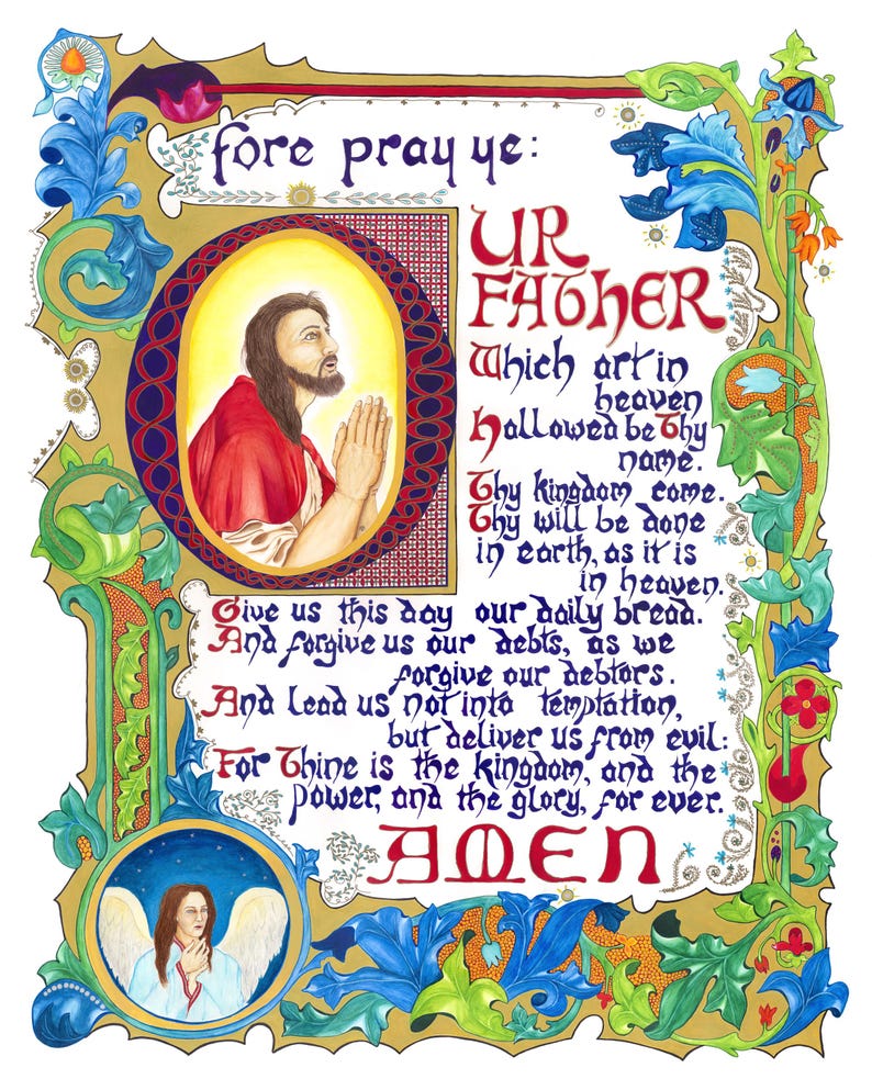 May include: An illustrated prayer with ornate floral borders in blue, green, and gold. The text includes "Our Father" and "Amen," with an image of Jesus and an angel. The artwork is on a white background.