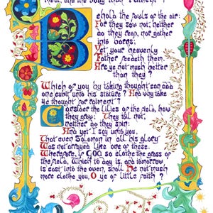 May include: An illuminated manuscript page with ornate calligraphy and floral illustrations. The text, in a flowing script, is framed by a decorative border with blue, yellow, and green accents. The central letter "B" is elaborately designed.