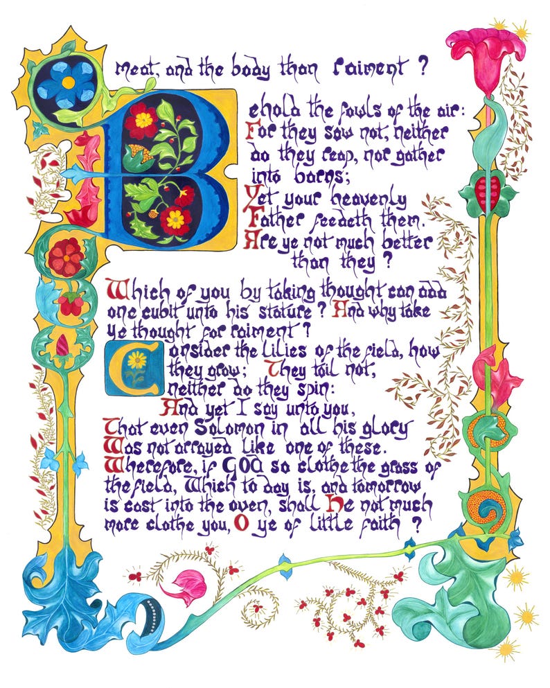 May include: An illuminated manuscript page with ornate calligraphy and floral illustrations. The text, in a flowing script, is framed by a decorative border with blue, yellow, and green accents. The central letter "B" is elaborately designed.