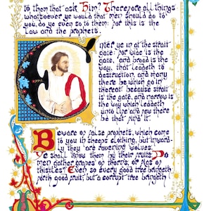 May include: An illuminated manuscript page with elaborate borders and calligraphy. The central image shows a figure in white and red robes. Text includes religious verses and decorative initial letters.