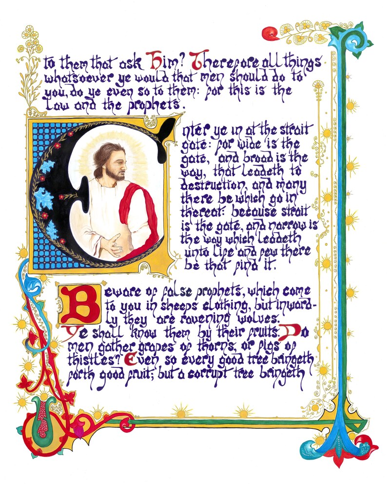 May include: An illuminated manuscript page with elaborate borders and calligraphy. The central image shows a figure in white and red robes. Text includes religious verses and decorative initial letters.