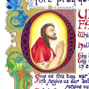 May include: An illuminated manuscript page featuring a portrait of Jesus with hands clasped in prayer, wearing a red robe. The image is surrounded by ornate floral and geometric designs in gold, blue, and green, with handwritten text in red and blue.