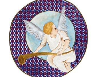 CHERUB ANGEL with Horn - Watercolor Art Print/Giclée Reproduction - Wall Art