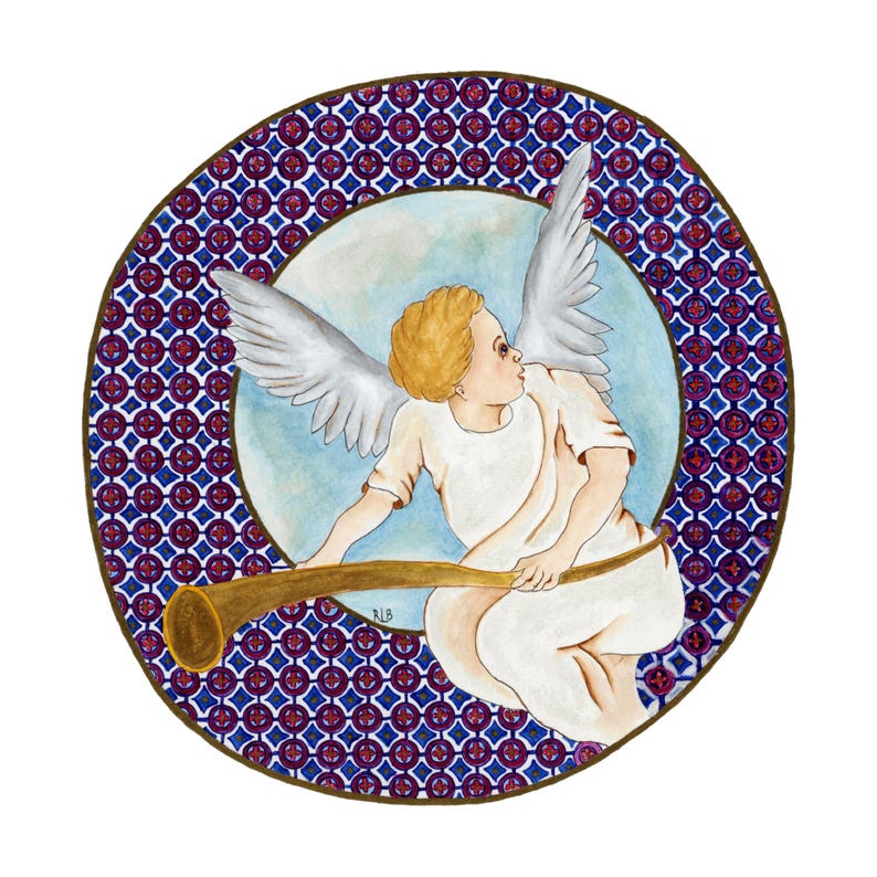 May include: A watercolor illustration of an angel blowing a horn. The angel has blonde hair, white wings, and is wearing a white robe. The background is a blue circle with a patterned border of red and blue squares.