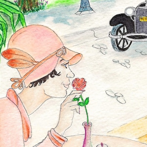 May include: Watercolor painting of a person in a pink hat and dress smelling a red rose in a vase. A vintage car is in the background, suggesting a scene from the early 20th century. The artwork has a soft, romantic feel.