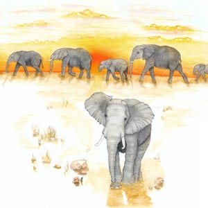 May include: A watercolor painting depicting a herd of gray elephants walking across a golden landscape. One large elephant is in the foreground facing forward, while four other elephants of varying sizes walk in a line behind it against a sunset.