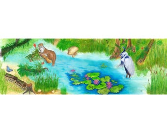 OTTER and BLUE HERON Wetland - Watercolor Art Print/Giclée Reproduction - Wall Art