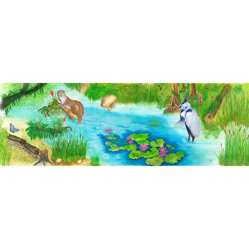 OTTER and BLUE HERON Wetland - Watercolor Art Print/Giclée Reproduction - Wall Art image 1