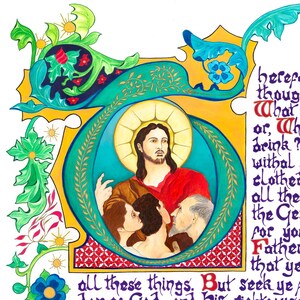 May include: An illuminated religious artwork featuring a central figure with a halo, surrounded by others. The artwork is framed by ornate green and yellow floral designs, with text in the upper right corner. The central figure wears a red robe.