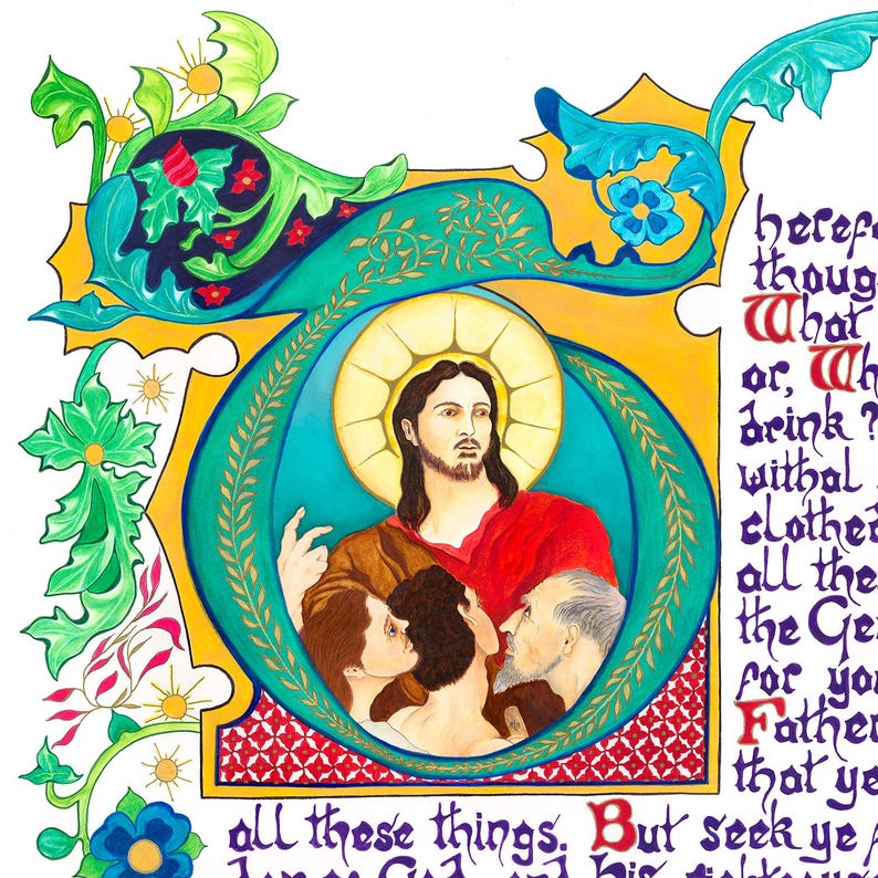 May include: An illuminated religious artwork featuring a central figure with a halo, surrounded by others. The artwork is framed by ornate green and yellow floral designs, with text in the upper right corner. The central figure wears a red robe.