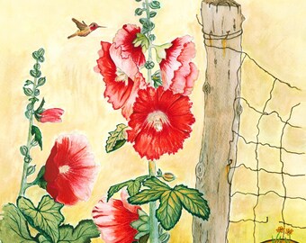 HOLLYHOCK HUMMINGBIRD - Watercolor Art Print/Giclée Reproduction - Wall Art