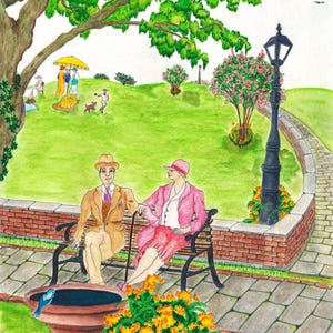K&ouml;nnte beinhalten: Aquarellmalerei einer Parkszene mit einem Paar auf einer Bank. Der Mann tr&auml;gt einen beigen Anzug und die Frau ein rosa Outfit. Eine Vogeltr&auml;nke und Blumen befinden sich im Vordergrund. Andere Personen sind im Hintergrund.