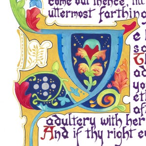 May include: A detailed illustration featuring ornate, colorful calligraphy and decorative floral elements. The design incorporates shades of blue, red, yellow, and green, with text that reads "come out thence, in uttermost farthing" and "adultery with her".