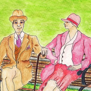 K&ouml;nnte beinhalten: Aquarellmalerei von zwei Personen, die auf einer Parkbank sitzen. Eine Person tr&auml;gt einen beigen Anzug, Hut und lila Krawatte und h&auml;lt einen Stock. Die andere Person tr&auml;gt einen rosa Anzug und Hut. Der Hintergrund ist eine gr&uuml;ne Wiese.