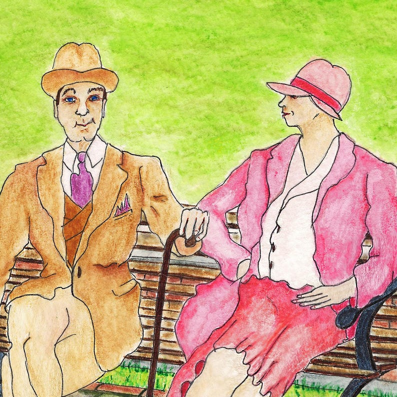 K&ouml;nnte beinhalten: Aquarellmalerei von zwei Personen, die auf einer Parkbank sitzen. Eine Person tr&auml;gt einen beigen Anzug, Hut und lila Krawatte und h&auml;lt einen Stock. Die andere Person tr&auml;gt einen rosa Anzug und Hut. Der Hintergrund ist eine gr&uuml;ne Wiese.