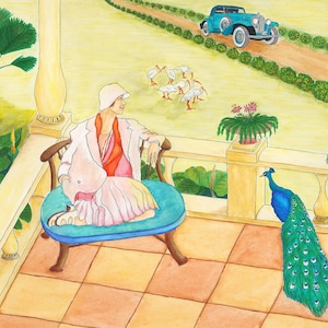 May include: Watercolor painting of a woman in a white coat and hat sitting on a blue bench. A peacock stands nearby. A blue vintage car drives on a dirt road. White birds are in the background.
