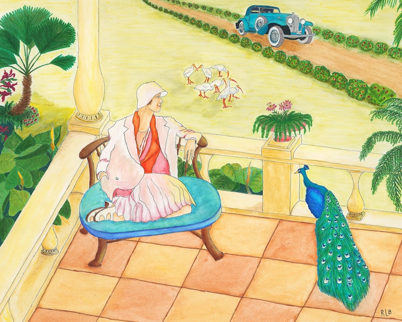 May include: Watercolor painting of a woman in a white coat and hat sitting on a blue bench. A peacock stands nearby. A blue vintage car drives on a dirt road. White birds are in the background.
